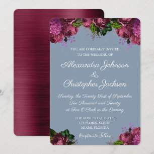 Dusty Blue und Cranberry Burgundy Wedding Einladung