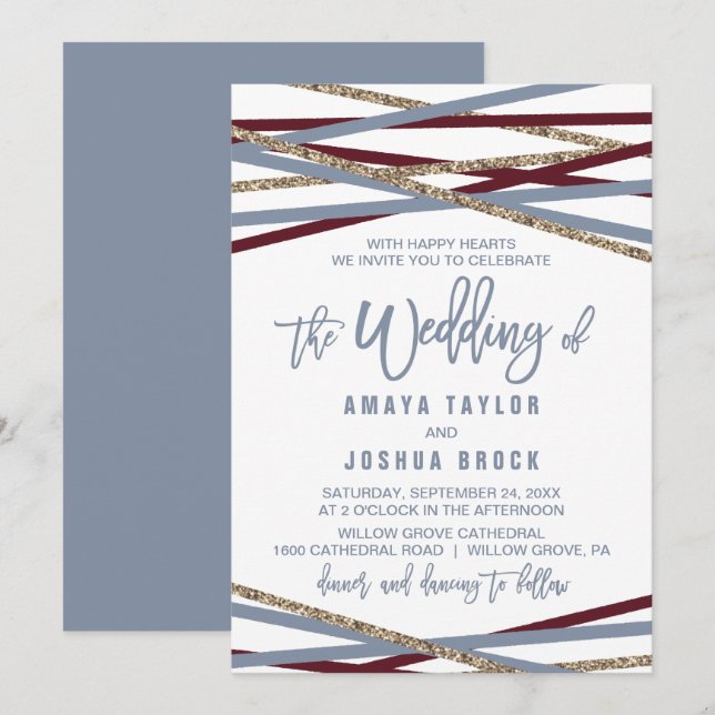 Dusty Blue und Cranberry streamen die Hochzeit von Einladung (Vorne/Hinten)