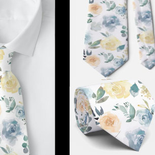 Dusty Blue und Cream Floral Rose Aquarell Krawatte