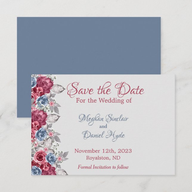 Dusty Blue und Deep Burgundy Floral Save The Date (Vorne/Hinten)