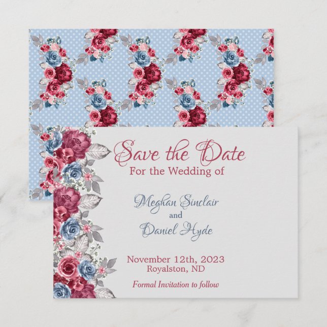 Dusty Blue und Deep Burgundy Floral Save the Date (Vorne/Hinten)