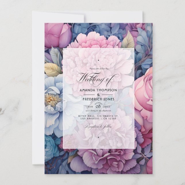 Dusty Blue und Dusty Rose Floral Wedding Einladung (Vorderseite)