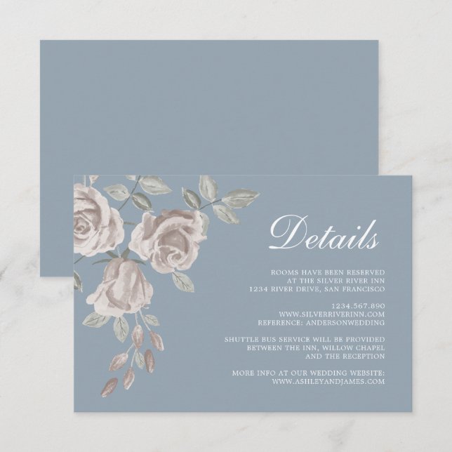 Dusty Blue und Dusty Rose Wedding Details Begleitkarte (Vorne/Hinten)