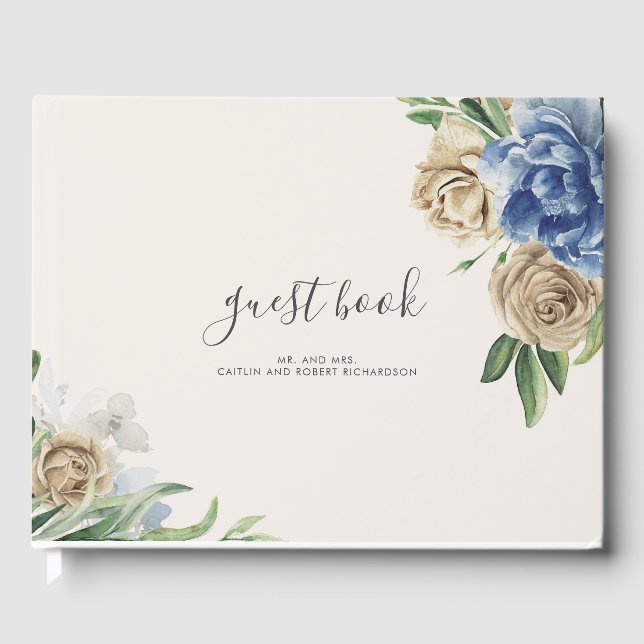 Dusty Blue und Elfenbein Blume Hochzeiten Gästebuch (Vorderseite)