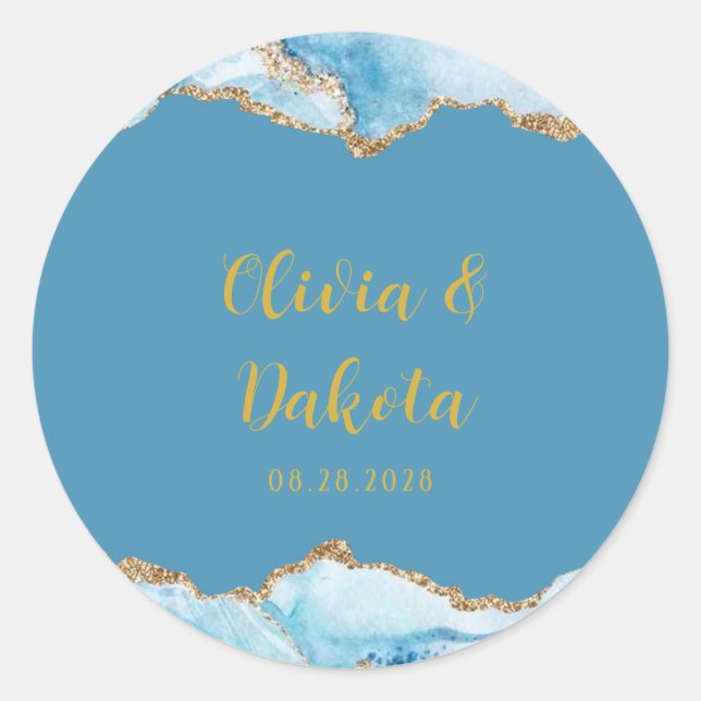 Dusty Blue und Gold Agate Custom Wedding Runder Aufkleber (Vorderseite)