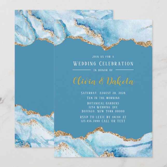 Dusty Blue und Gold Agate Elegante Wedding Einladung (Vorne/Hinten)