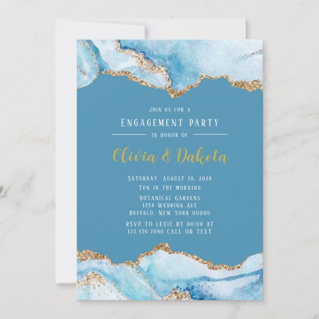 Dusty Blue und Gold Agate Engagement Party Einladung (Vorderseite)