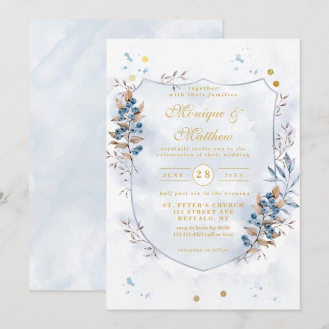 Dusty Blue und Gold Blueberries Shield Wedding Einladung (Vorne/Hinten)