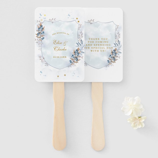Dusty Blue und Gold Blueberries Wedding Vielen Dan Fächer (Vorne und Hinten)