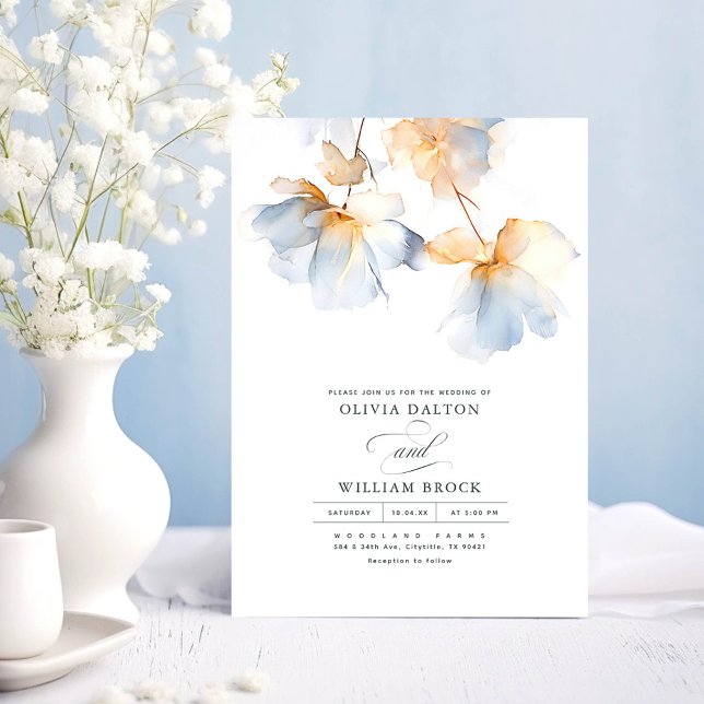Dusty Blue und Gold Blume Minimalistisch Hochzeit Einladung (Minimalist Floral Dusty Blue Wedding Invitations)