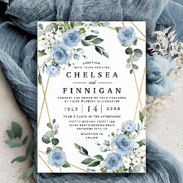 Dusty Blue und Gold Elegante Rustikale Hochzeit Einladung