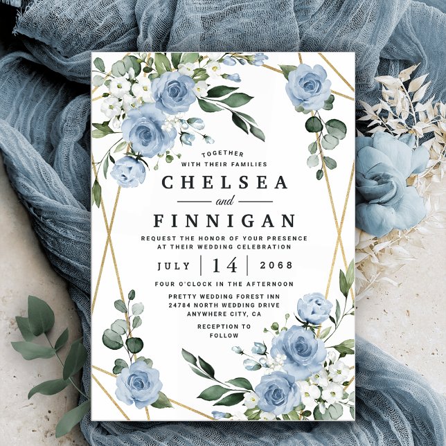 Dusty Blue und Gold Elegante Rustikale Hochzeit Einladung (Von Creator hochgeladen)