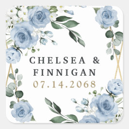 Dusty Blue und Gold Elegante Rustikale Hochzeit Quadratischer Aufkleber