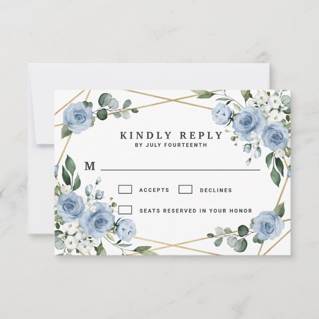 Dusty Blue und Gold Elegante Rustikale Hochzeit RSVP Karte (Vorderseite)