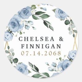 Dusty Blue und Gold Elegante Rustikale Hochzeit Runder Aufkleber