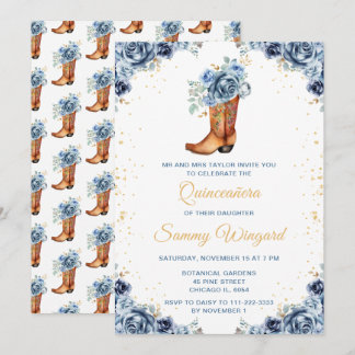 Dusty Blue und Gold Floral Cowboy Boot Quinceañera Einladung