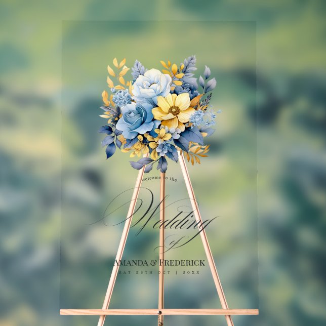 Dusty Blue und Gold Floral Elegante Hochzeit Willk Acrylschild (Neutral)