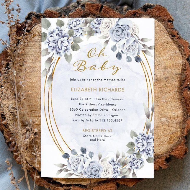 Dusty Blue und Gold Floral | Oh Baby Shower Einladung (Von Creator hochgeladen)