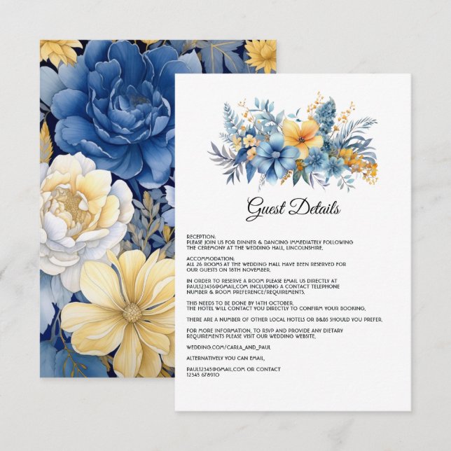 Dusty Blue und Gold Floral Wedding Guest Details Begleitkarte (Vorne/Hinten)