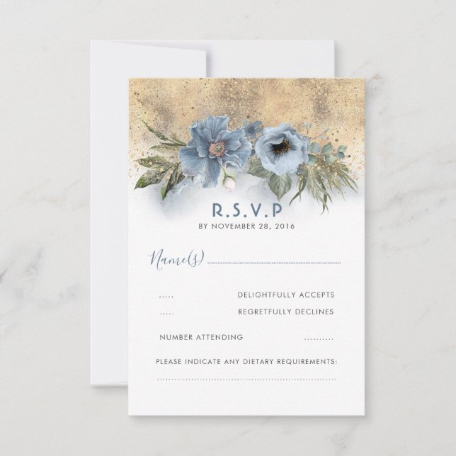 Dusty Blue und Gold Glitzer Boho Wedding RSVP Karte (Vorderseite)