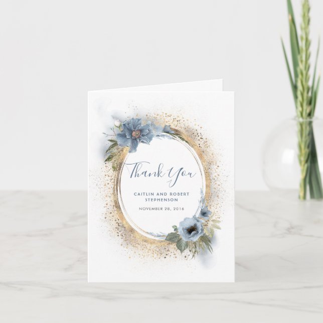 Dusty Blue und Gold Glitzer Floral Vielen Dank Dankeskarte (Vorderseite)