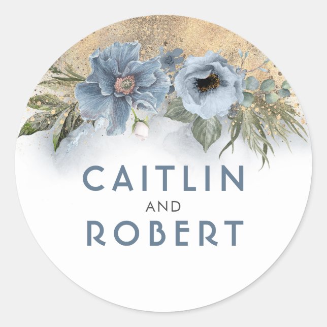 Dusty Blue und Gold Glitzer Floral Wedding Runder Aufkleber (Vorderseite)