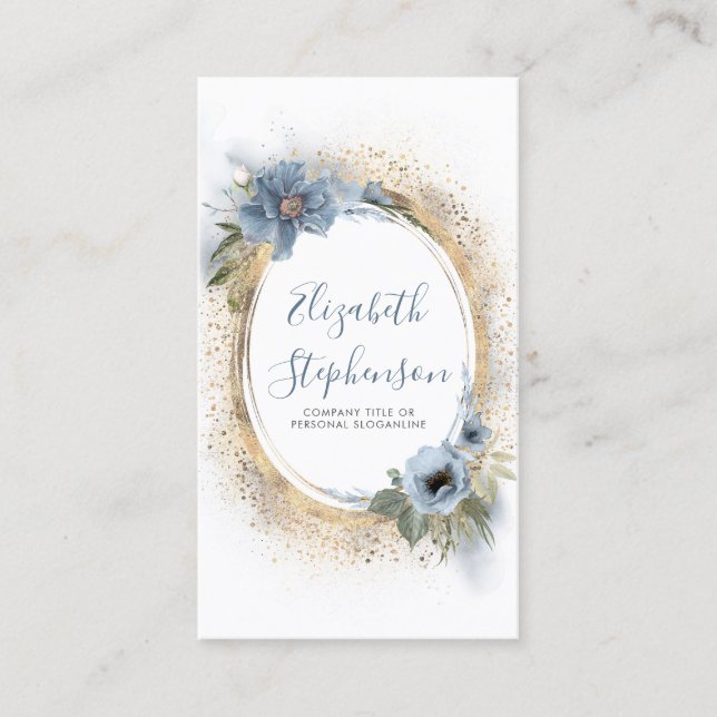 Dusty Blue und Gold Glitzer Moderner Blumenchic Visitenkarte (Vorderseite)