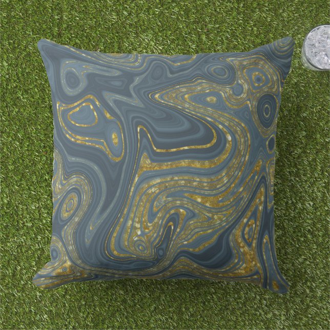Dusty Blue und Gold Marmor Look Muster Kissen (Gras)