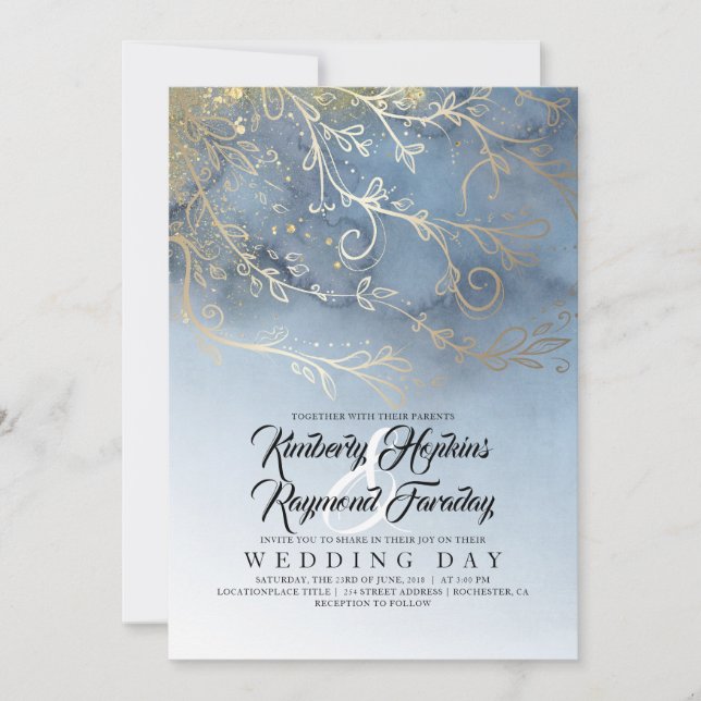 Dusty Blue und Gold Moderne Wasserfarbenhochzeit Einladung (Vorderseite)