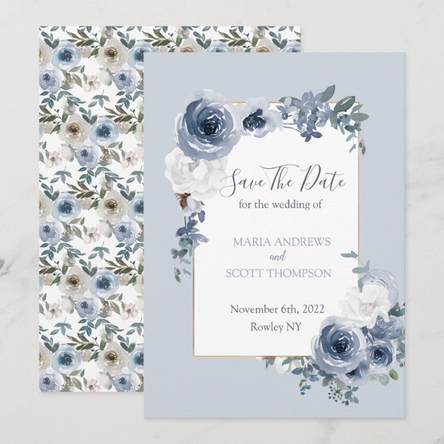 Dusty Blue und Gray Floral Botanical Wedding Save The Date (Vorne/Hinten)
