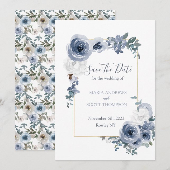 Dusty Blue und Gray Floral Botanical Wedding Save The Date (Vorne/Hinten)