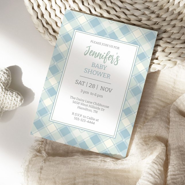 Dusty Blue und Green Baby Dusche Einladung (Gingham Plaid baby Shower Invitation Dusty Blue and Sea Foam Green)