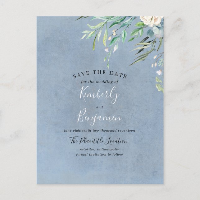 Dusty Blue und Greenery Save the Date Ankündigungspostkarte (Vorderseite)