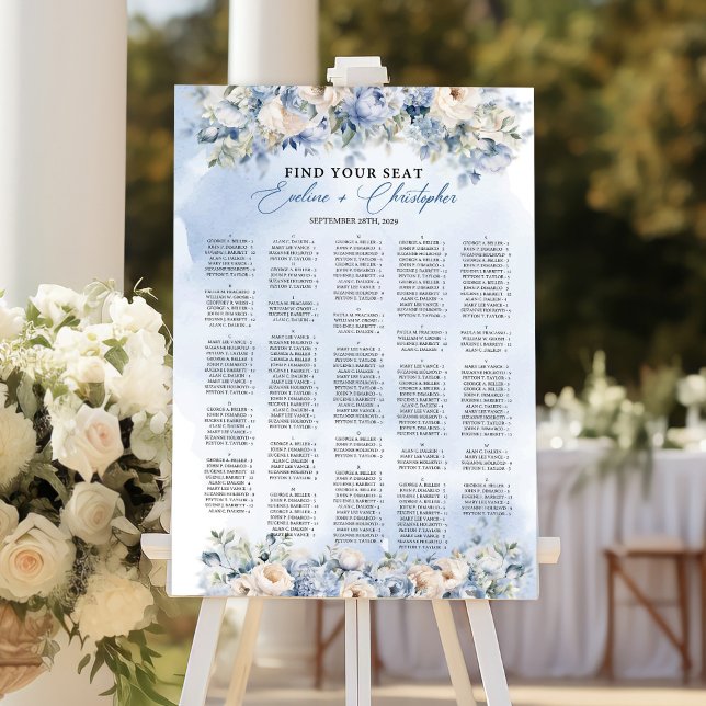 Dusty Blue und Ivory Blume Alphabetische Sitzgeleg Poster ( Boho Elegant Dusty Blue and Ivory Flowers Alphabetical seating chart )