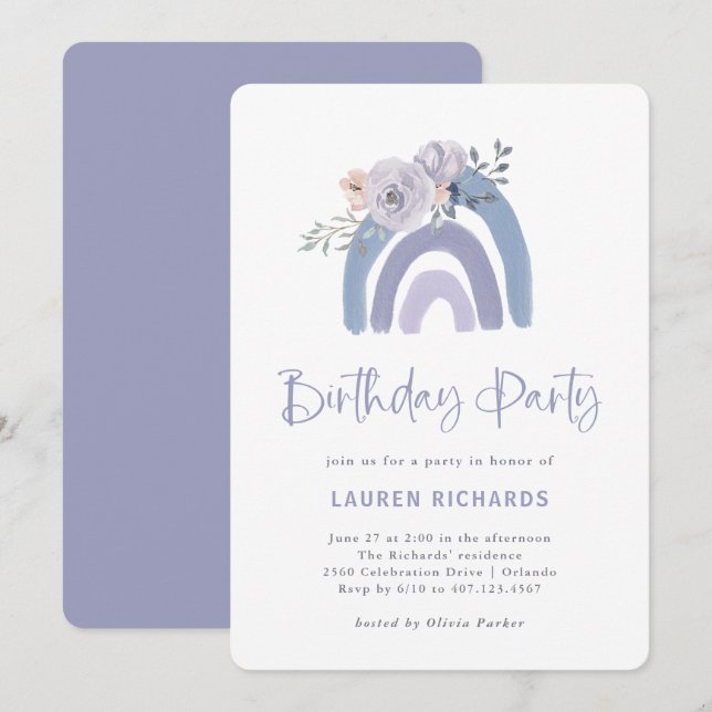 Dusty Blue und Lila Boho Rainbow Birthday Party Einladung (Vorne/Hinten)