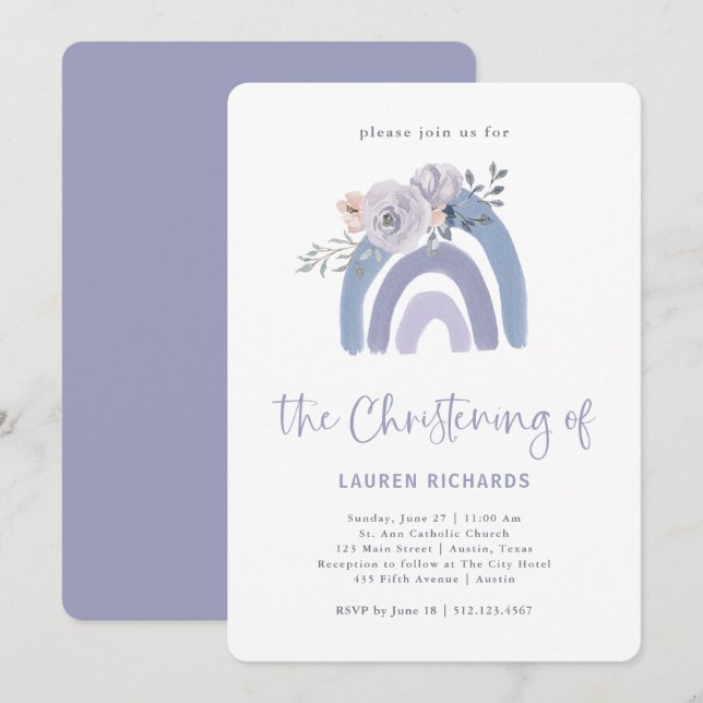 Dusty Blue und Lila Boho | Rainbow Christening Einladung (Vorne/Hinten)