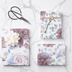 Dusty Blue und Mauve Blume Botanisches Muster Geschenkpapier Set