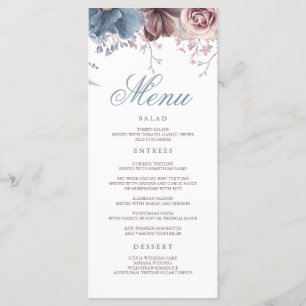 Dusty Blue und Mauve Floral Moderne Hochzeitsmenüs Programm
