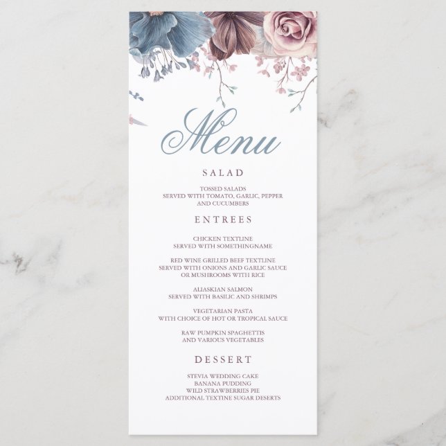 Dusty Blue und Mauve Floral Moderne Hochzeitsmenüs Programm (Vorderseite)