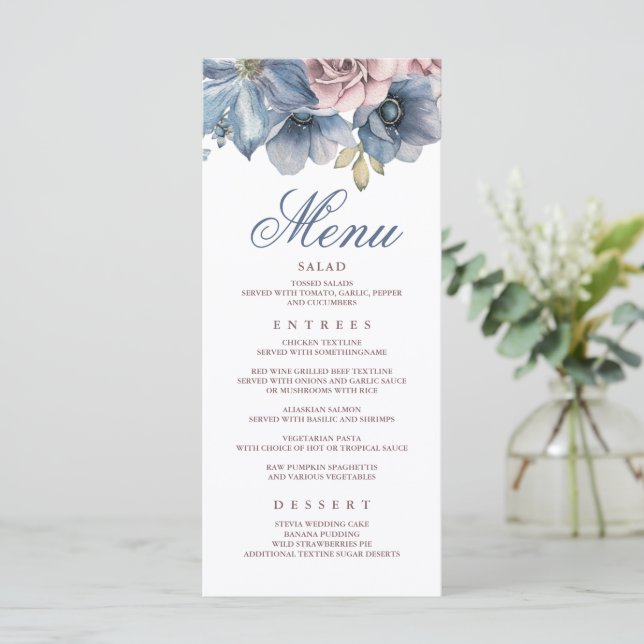Dusty Blue und Mauve Floral Moderne Hochzeitsmenüs Programm (Stehend Vorderseite)