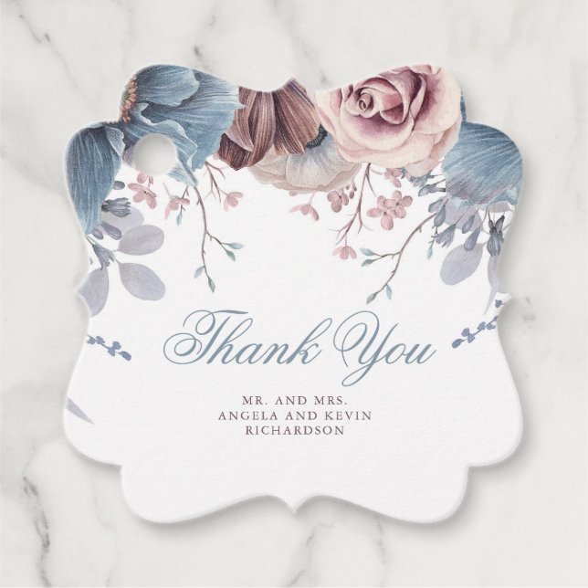 Dusty Blue und Mauve Floral Vielen Dank Geschenkanhänger (Vorderseite)
