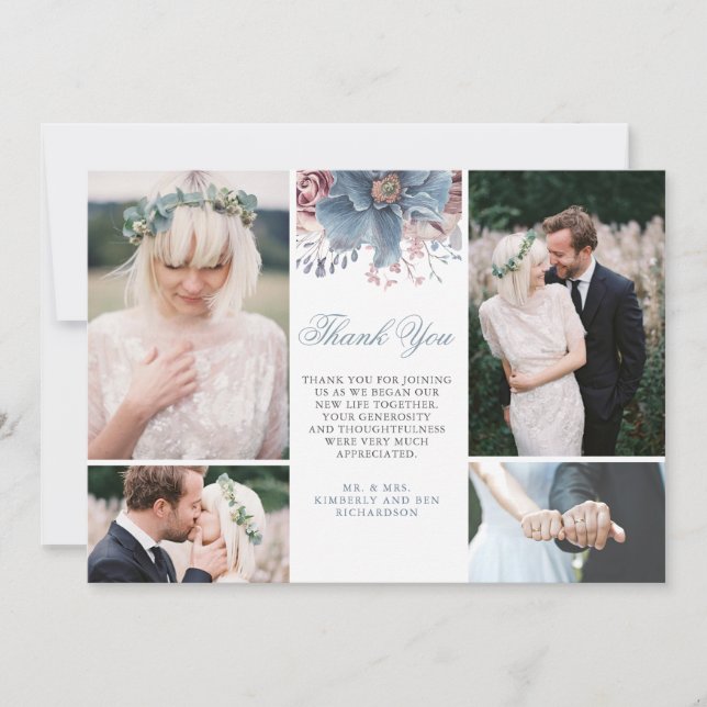 Dusty Blue und Mauve Floral Wedding Fotos Einladung (Vorderseite)