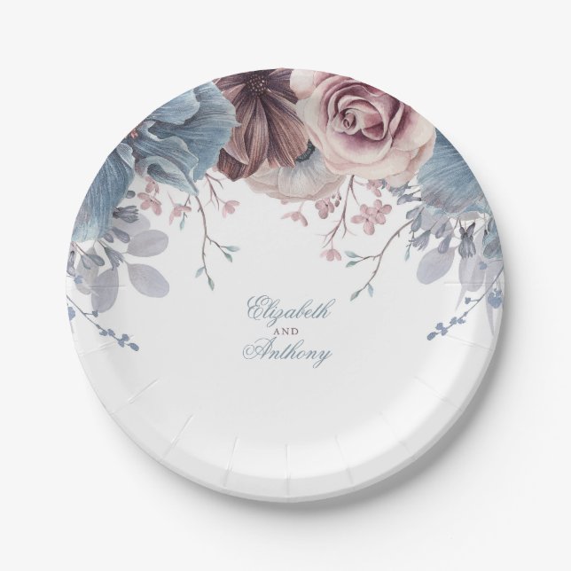 Dusty Blue und Mauve Floral Wedding Pappteller (Vorderseite)