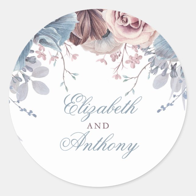 Dusty Blue und Mauve Floral Wedding Runder Aufkleber (Vorderseite)