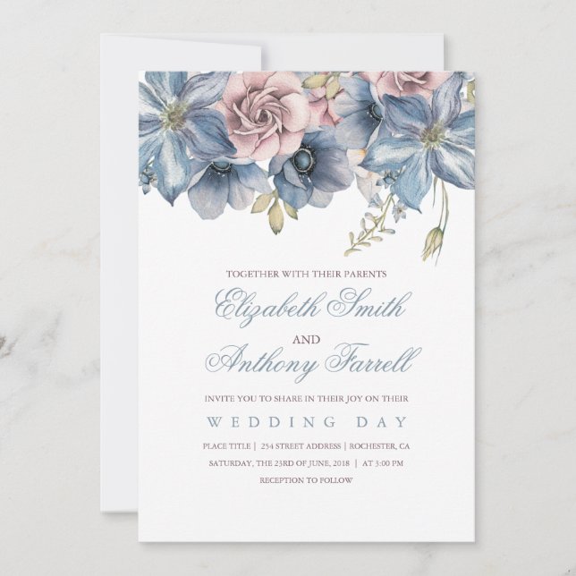 Dusty Blue und Mauve Watercolor Floral Wedding Einladung (Vorderseite)