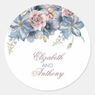 Dusty Blue und Mauve Watercolor Floral Wedding Runder Aufkleber