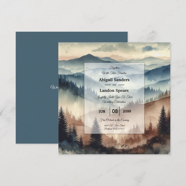 Dusty Blue und Mocha Brown Mountains Wedding Einladung (Vorne/Hinten)