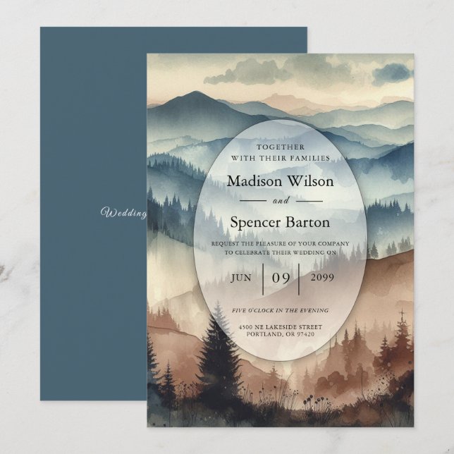 Dusty Blue und Mocha Brown Mountains Wedding Einladung (Vorne/Hinten)