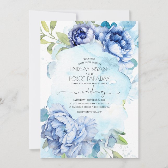 Dusty Blue und Navy Blue Floral Boho Wedding Einladung (Vorderseite)