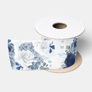 Dusty Blue und Navy Blue Floral Elegant Romantisch Satinband